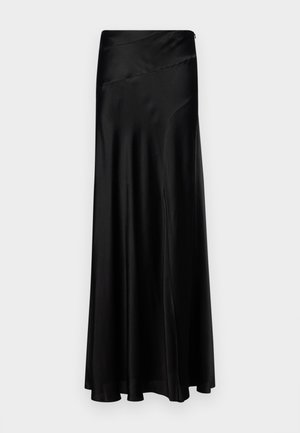 Gonna maxi nera in satin con una texture liscia, forma fluida e design della vita asimmetrica. Presenta una silhouette semplice ed elegante.