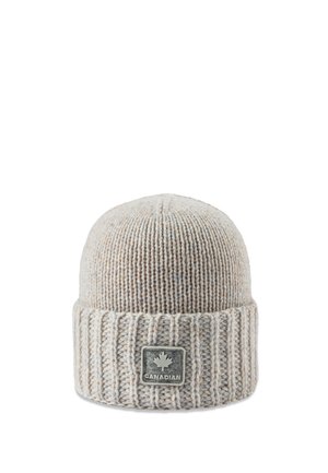 Bonnet d'hiver tricoté gris clair avec revers plié et écusson carré comportant une feuille d'érable et le texte "Canadian" à l'avant.