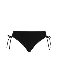 Črne bikinije z nastavljivimi bočnimi vezmi, izdelane iz gladkega, raztegljivega materiala. Imajo minimalističen dizajn in srednji kroj.