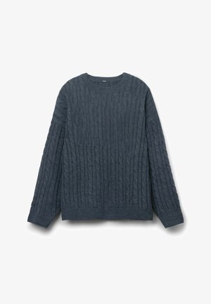 Dunkelgrauer Zopfmuster-Pullover mit rundem Halsausschnitt, langen Ärmeln und lockerer Passform. Verfügt über strukturierte Muster sowie gerippte Bündchen und Saum.