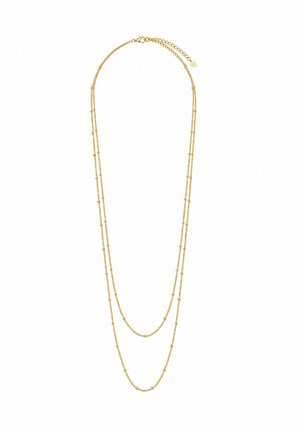 Delicate double-layer gold chain necklace with small evenly spaced bead accents and adjustable clasp with extension chain.
