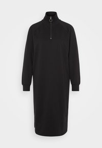 Schwarzes Kleid aus weichem Stoff, mit hohem Kragen, halblangem Reißverschluss vorne, langen Ärmeln mit Manschetten und seitlichen Schlitzen. Schlichtes Design, ohne Muster.