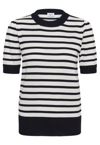 T-Shirt z krótkim rękawem w paski w kolorze kremowym i granatowym, z prążkowanym okrągłym dekoltem i mankietami, o luźnym kroju i miękkiej teksturze dzianiny.