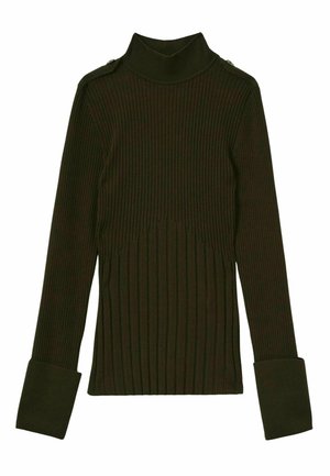 Sweter golf w ciemnooliwkowym kolorze z prążkowanej dzianiny, z dopasowanymi długimi rękawami i szerokimi mankietami, z akcentami na ramionach i zaokrąglonym detalem szwu.