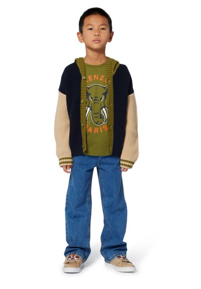Jeune garçon portant un t-shirt graphique vert avec un éléphant, un cardigan en tricot coloré, un jean bleu et des baskets beiges avec des patchs de tigre.