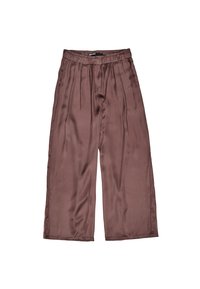 Pantalones de satén de pierna ancha en marrón oscuro con cinturilla elástica, que presentan pinzas para un toque de textura y fluidez adicional.