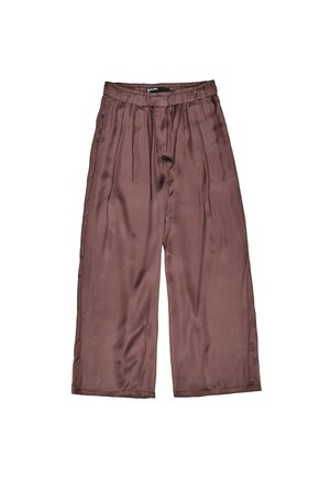 Satin-Hose mit weitem Bein in Dunkelbraun, mit elastischem Bund, ausgestattet mit Falten für zusätzlichen Textur und Schwung.