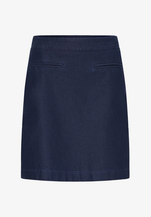 Mornarško modra mini krila iz denima z dvema sprednjima žepoma, strukturirano zasnovo, ravnim robom in rahlim teksturo. Brez vidnih kovinskih delov ali okrasnih elementov.