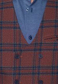 Brązowa kamizelka w kratę z dekoltem w serek, wykonana z teksturowanej mieszanki wełny. Niebieska koszula w wzory pod spodem z detalami guzikowymi.