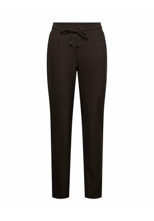 Zwarte taps toelopende trainingsbroek met elastische tailleband en koordsluiting, getoond op een witte achtergrond.