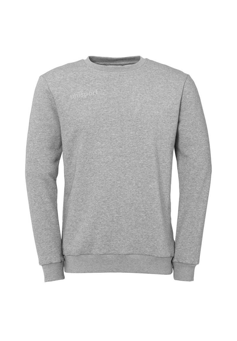 Grijze sweater gemaakt van een zachte katoenmix, met een ronde hals, geribbelde manchetten en een klein "uhlsport" logo op de voorkant.