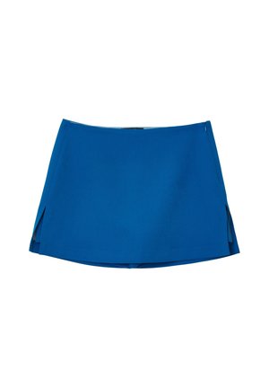 Una gonna blu realizzata in tessuto liscio, con due spacchi laterali e una vita aderente, caratterizzata da un design semplice e pulito.