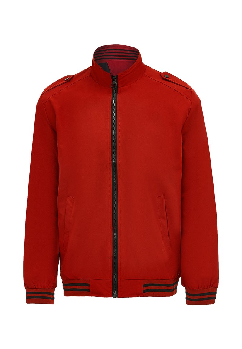 Red bomber jacket with a high collar, front zipper, two side pockets, and ribbed cuffs and waistband featuring black and red stripe accents.