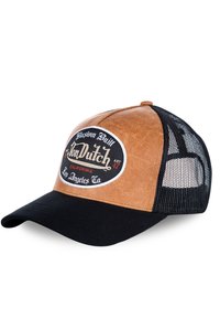 Casquette marron en simili cuir avec un dos en maille noire, présente un patch logo rond avec du texte blanc sur fond noir, visière courbée.