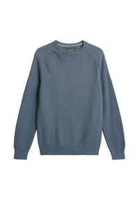 Blauwe gebreide trui met een gestructureerd patroon, ronde hals en geribde manchetten en zoom. Heeft lange mouwen en een relaxte pasvorm.