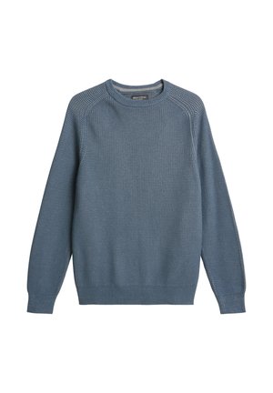 Blauer Strickpullover mit strukturiertem Muster, Rundhalsausschnitt und gerippten Bündchen und Saum. Verfügt über lange Ärmel und eine entspannte Passform.