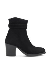 Čierne členkové topánky s mäkkou zamšovou textúrou, voľným zúžením a blokovým podpätkom s výškou 3 palce. Majú zaoblenú špičku a gumovú podrážku.