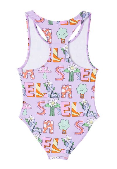 Costume da bagno viola con schiena a scoprire, caratterizzato da un motivo giocoso di fiori, facce sorridenti e lettere in vari colori. Tessuto testurizzato.