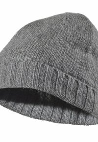 Gray knitted beanie hat with a soft texture, featuring a ribbed cuff and a slightly slouchy top. No visible logos or embellishments.