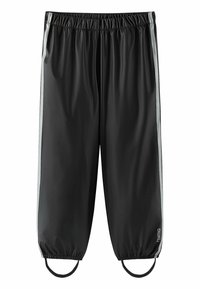 Schwarze Sporthose mit elastischem Bund, ausgestattet mit reflektierenden Seitenstreifen und Fußschlaufen. Glattes, leichtes Material für hohen Tragekomfort.