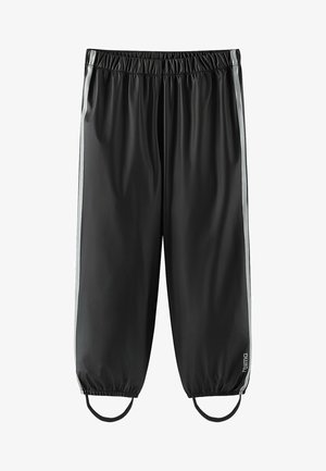 Czarne sportowe spodnie z elastycznym pasem, z odblaskowymi pasami po bokach i pętlami na kostki. Gładki, lekki materiał dla wygody.