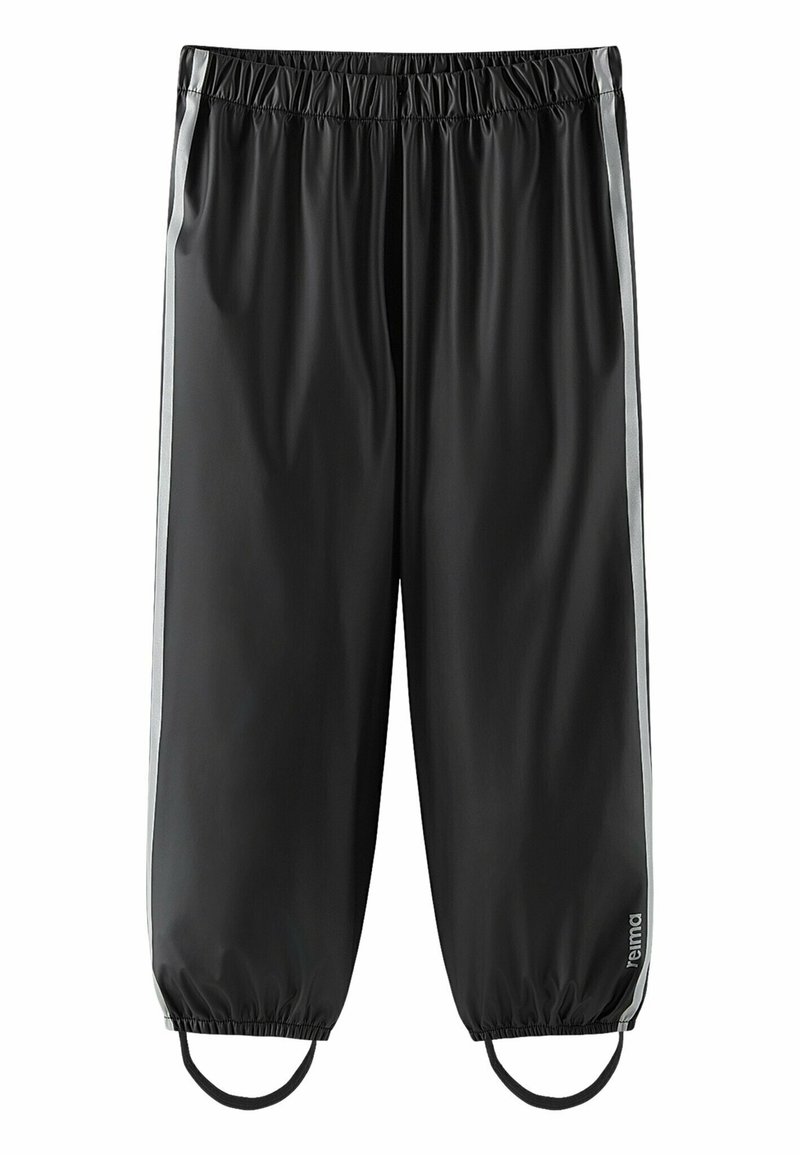 Schwarze Sporthose mit elastischem Bund, ausgestattet mit reflektierenden Seitenstreifen und Fußschlaufen. Glattes, leichtes Material für hohen Tragekomfort.