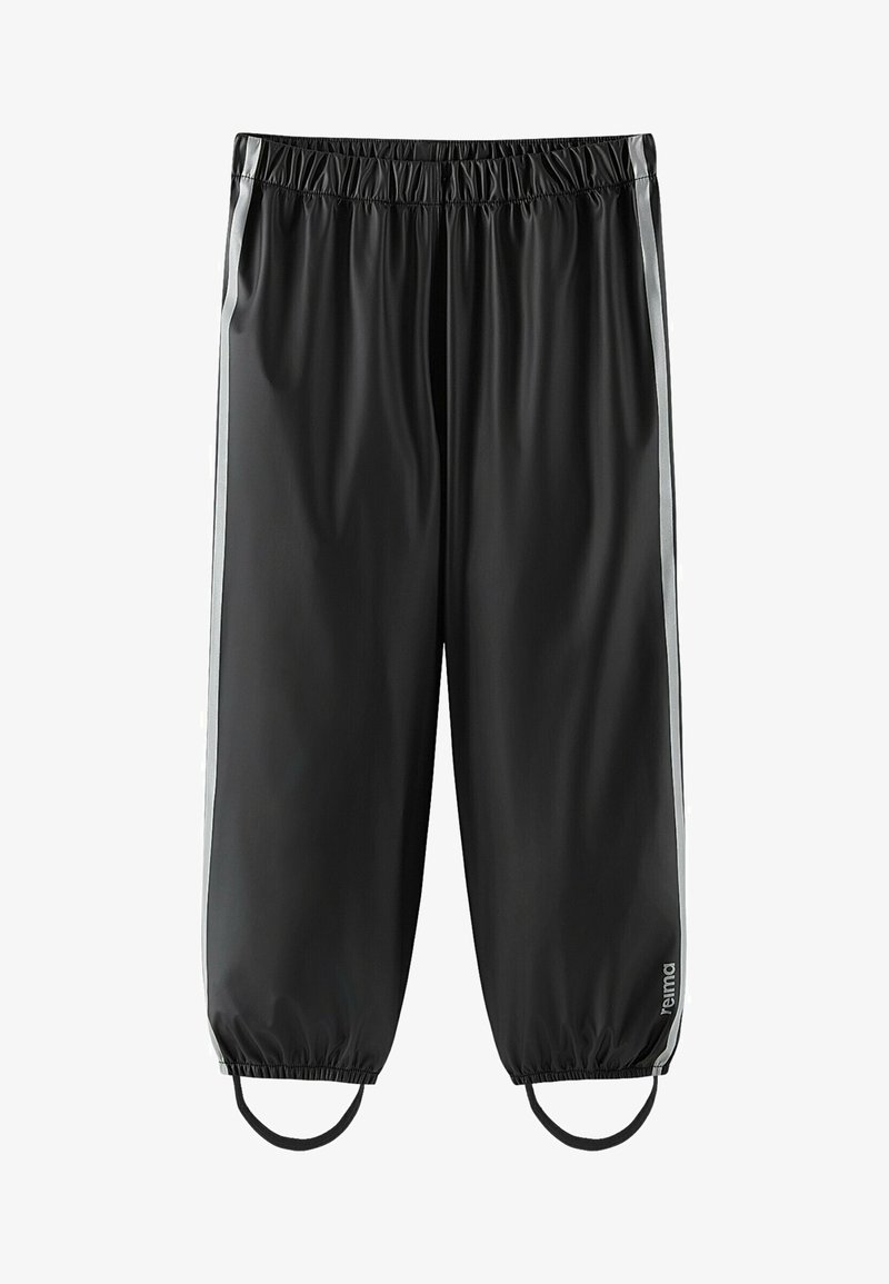 Czarne sportowe spodnie z elastycznym pasem, z odblaskowymi pasami po bokach i pętlami na kostki. Gładki, lekki materiał dla wygody.