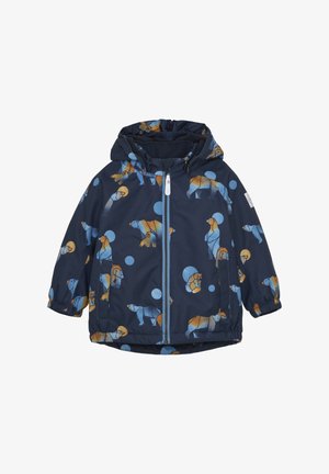 Marineblauwe kinderjas met een capuchon, geometrische patronen van ijsberen in oranje en lichtblauw, en een elastische tailleband.