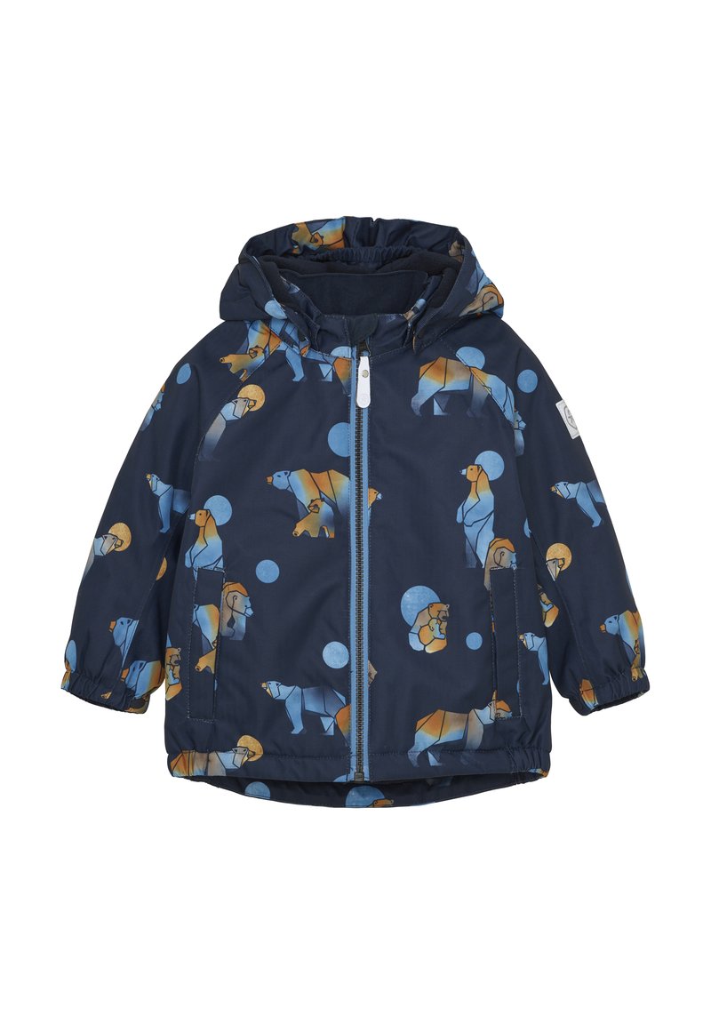 Giacca per bambini blu navy con cappuccio, motivi geometrici di orsi polari arancioni e azzurri chiari, e vita elastica.