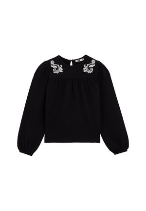 Schwarzes Oberteil mit langen Puffärmeln und Rundhalsausschnitt. Mit weißer Blumenstickerei entlang der Schultern. Strukturiertes Material. Mit Schlüssellochausschnitt hinten.