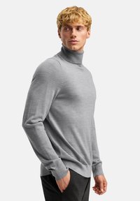 Hellgrauer Rollkragenpullover mit weicher Textur, figurbetontem Schnitt, langen Ärmeln und seitlichen Schlitzen am Saum.