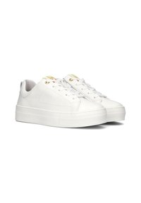White sneakers with a textured leather upper, flat sole, rounded toe, and colored accents on the tongue. Features lace-up closure and eyelets.