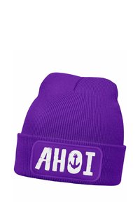 Purple knit beanie with a folded cuff, featuring a white label displaying the text "AHOI" and an anchor graphic.