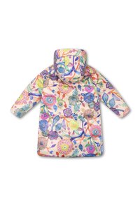 Pufferjack met bloemenpatroon en een capuchon, voorzien van een zachte beige achtergrond en kleurrijke geborduurde bloemen en bladeren. Lange mouwen.