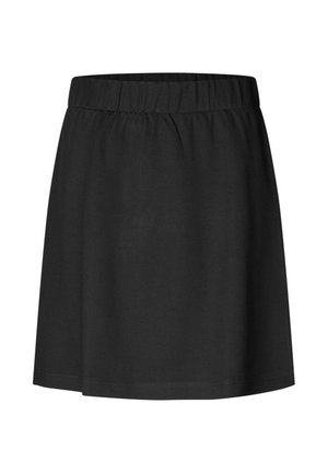 Černá sukně ke kolenům s elastickým pasem a jednoduchou hladkou tkaninou, umístěná na bílém pozadí.