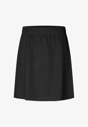 Czarna spódnica do kolan z elastycznym paskiem i prostym, gładkim materiałem, przedstawiona na białym tle.