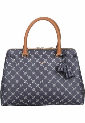 Granatowa torebka z białym kwiatowym wzorem, brązowymi skórzanymi uchwytami, detalem z frędzli i złotym zamkiem błyskawicznym, z logo "JOOP!" na środku z przodu.