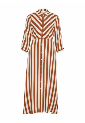 Pikk pistuga kleit, millel on vertikaalsed pruuni ja valge triibud, kraega kaelus ja kolmveerandvarrukad. Pehme kangas õrna ja voolava siluetiga.