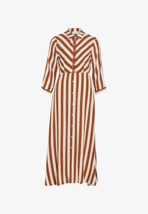 Vestido largo abotonado con rayas verticales marrones y blancas, cuello con solapa y mangas tres cuartos. Tejido suave con una silueta fluida.