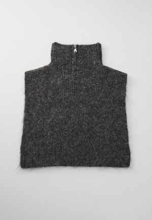 Dark gray knitted woolen neck warmer with a short zipper at the top, designed to cover the neck and upper chest.