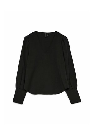 Zwarte blouse met lange mouwen en een V-hals, voorzien van pofmouwen en aansluitende manchetten. Gemaakt van zachte, gestructureerde stof.