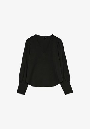 Blouse noire à manches longues avec un col en V, dotée de manches bouffantes et de poignet ajusté. Fabriquée en tissu doux et texturé.