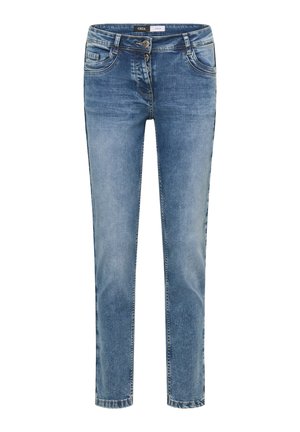 Blaue Jeans aus Denim mit geradem Schnitt, ausgestattet mit einem Knopfverschluss, zwei Fronttaschen und einer ausgewaschenen Optik. Nähte sind entlang der Säume sichtbar.