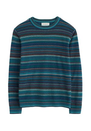Sweter w paski wykonany z miękkiego materiału, z poziomymi liniami w odcieniach zielonego morsko, niebieskiego, brązowego i kremowego; ściągacz przy dekolcie i mankietach.