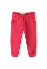 Rosa mjukisbyxor av mjukt tyg, med elastisk midja med snörning, sidofickor och ribbade benslut.