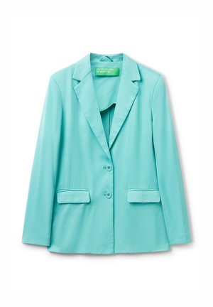Turquoise blazer made from lightweight fabric featuring two front pockets, notched lapels, and two buttons at the center front.