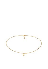 Gold chain necklace with small round beads, featuring a crescent moon pendant. Adjustable clasp for different lengths.