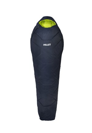 Schlafsack mit taperendem Design in Navyblau, mit einem leuchtend grünen Innenraum. Hergestellt aus synthetischem Stoff mit hexagonal gestepptem Muster.
