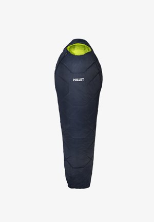Sleeping bag with a tapered design in navy blue, featuring a bright green interior. Made from synthetic fabric with hexagonal quilted texture.