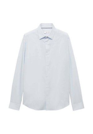 Jasnoniebieska koszula z długim rękawem wykonana z gładkiego materiału, z klasycznym kołnierzykiem, z przodu na guziki oraz zaokrąglonym dołem.